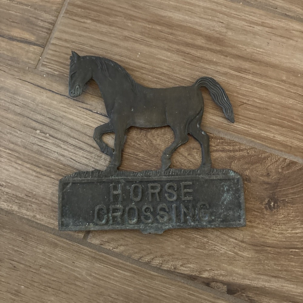 Vintage Cast Iron Horse Crossing Sign 7.5” Rustic Americana Equestrian Decor